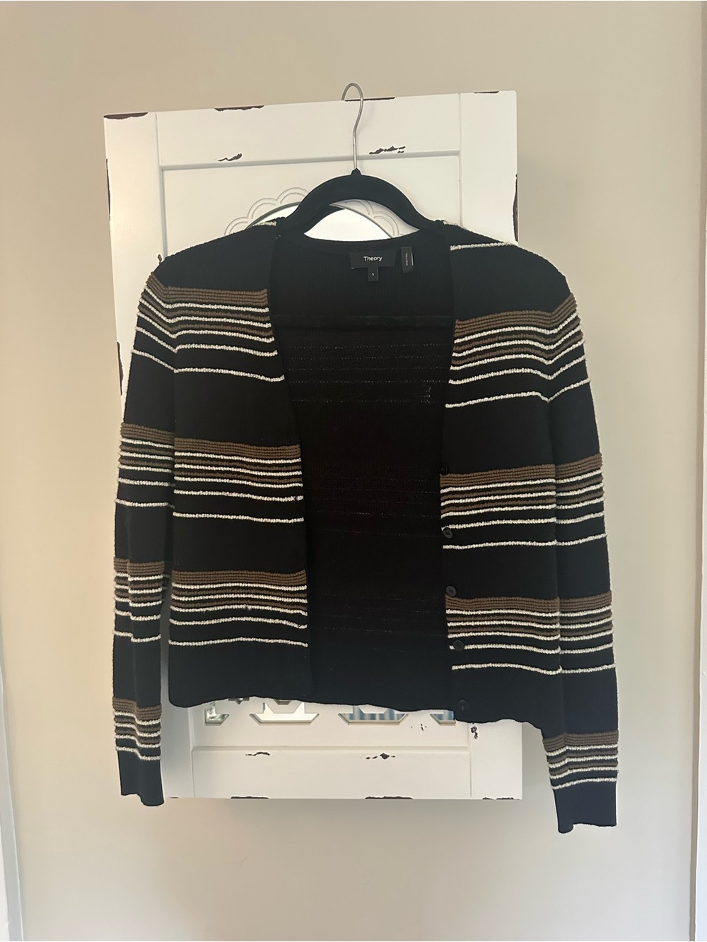 Theory Black Striped Open-Front Cardigan with Cream and Brown Bands